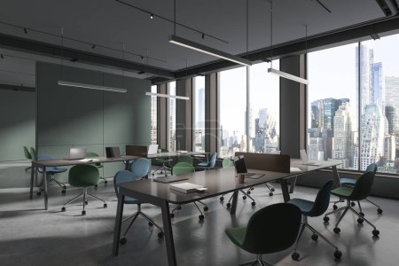 Photo for Dark coworking interior with chairs and table with laptop, side view on grey concrete floor. Minimalist work corner with modern furniture. Panoramic window on New York skyscrapers. 3D rendering - Royalty Free Image