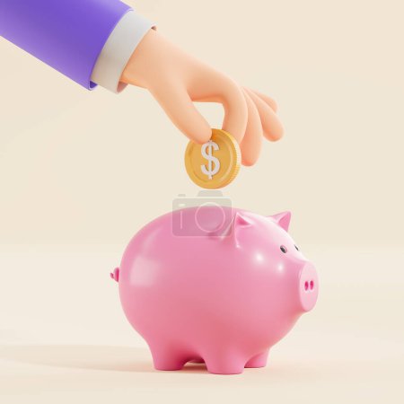 Photo for Cartoon character man hand putting a dollar coin into piggy moneybox, beige background. Concept of savings and accumulation of income. 3D rendering illustration - Royalty Free Image