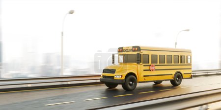 Téléchargez les photos : Bus jaune avec panneau d'arrêt rouge, vue latérale se déplaçant sur l'autoroute dans une vue floue sur la ville en arrière-plan. Concept de sécurité des enfants sur la route, éducation et retour à l'école. Illustration de rendu 3D - en image libre de droit