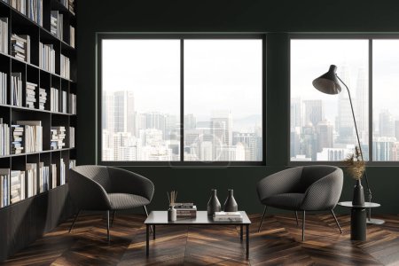 Photo for Stylish home living room interior with two armchairs with coffee table, hardwood floor. Modern minimalist design of relax place with bookshelf and panoramic window on Kuala Lumpur. 3D rendering - Royalty Free Image