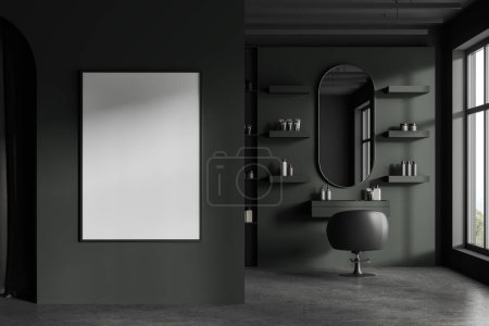 Photo for Dark barber shop interior with armchair, mirror and cosmetics on mounted shelves, grey concrete floor. Panoramic window on countryside view and mock up canvas poster. 3D rendering - Royalty Free Image