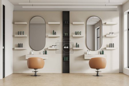 Photo for Stylish beauty salon interior with spinning armchairs in row on beige concrete floor. Oval mirrors and mounted shelves with cosmetics. Elegant workshop with furniture and accessories. 3D rendering - Royalty Free Image