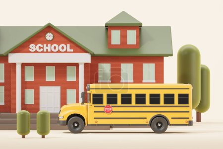 Téléchargez les photos : Bâtiment scolaire en brique de dessin animé avec bus jaune, arbres verts sur fond beige. Concept de transport des enfants, éducation et début des cours. Illustration de rendu 3D - en image libre de droit