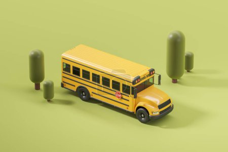 Foto de Vista de autobús escolar amarillo brillante cabalgando entre árboles sobre fondo verde. Concepto de educación y conocimiento. Primaria, secundaria y secundaria. renderizado 3d - Imagen libre de derechos