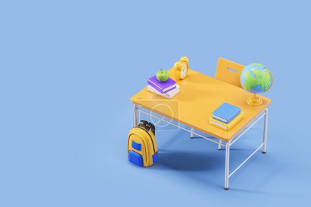 Photo for Top view of school table with alarm clock, stacks of books, fresh apple, globe and backpack over blue background. Back to school concept. 3d rendering - Royalty Free Image