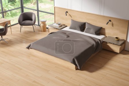 Photo for Top view of wooden bedroom interior with bed and nightstand with decoration, armchair and desk in the corner on hardwood floor. Panoramic window on tropics. 3D rendering - Royalty Free Image
