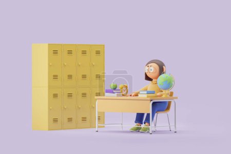 Téléchargez les photos : Cartoon femme personnage enseignant assis au bureau, livres scolaires et accessoires avec casiers jaunes sur fond violet. Concept d'éducation, de classe et d'apprentissage. Illustration de rendu 3D - en image libre de droit