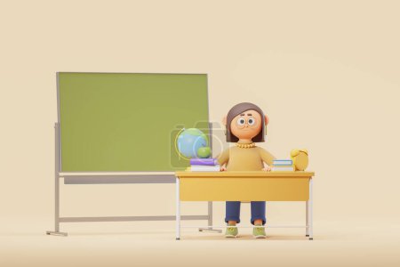 Foto de Vista de una maestra de escuela de dibujos animados con cabello castaño sentada en el escritorio con libros, manzana, globo, gran despertador y pizarra verde sobre fondo beige. De vuelta al concepto escolar. renderizado 3d - Imagen libre de derechos