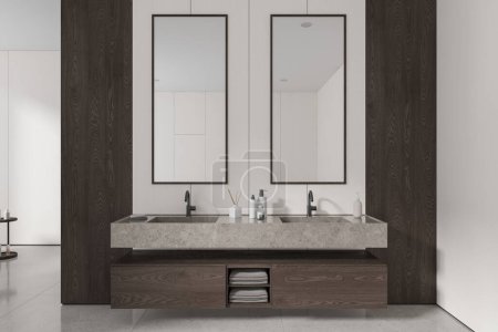 Photo for Modern home bathroom interior with double sink and two tall mirrors, washbasin and floating wooden vanity with bathing accessories, grey tile floor. 3D rendering - Royalty Free Image