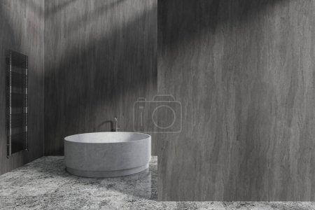 Téléchargez les photos : Hôtel de luxe salle de bain intérieure avec baignoire ronde et rail monté, sol carrelage granit foncé. Espace de bain moderne et cloison murale vide. rendu 3D - en image libre de droit