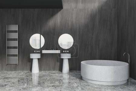 Téléchargez les photos : Maison de luxe salle de bain intérieure avec double lavabo et baignoire ronde, sol en granit carrelage gris. Étagère avec cosmétiques et porte-serviettes minimaliste sur le mur. rendu 3D - en image libre de droit
