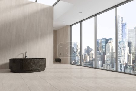 Photo for Interior of modern bathroom with beige walls, tiled floor, massive stone round bathtub and toilet in background. Panoramic window with cityscape. Spa resort and relaxation. 3d rendering - Royalty Free Image