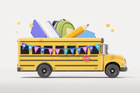 Foto de Vista del autobús escolar amarillo brillante con colorido cartel de regreso a la escuela y grandes libros, lápiz y mochila en el interior sobre fondo gris. Concepto de educación y conocimiento. renderizado 3d - Imagen libre de derechos