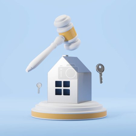 Photo for Auction gavel on light blue background, home on podium with keys flying. Concept of bargain, realtor, deal and sale of real estate. 3D rendering illustration - Royalty Free Image