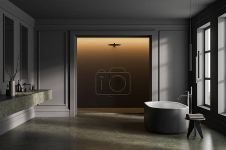 Téléchargez les photos : Dark home salle de bain intérieure avec baignoire, double lavabo et douche, sol en béton vert. Espace ouvert de bain classique avec mur de moulage et fenêtre panoramique. rendu 3D - en image libre de droit