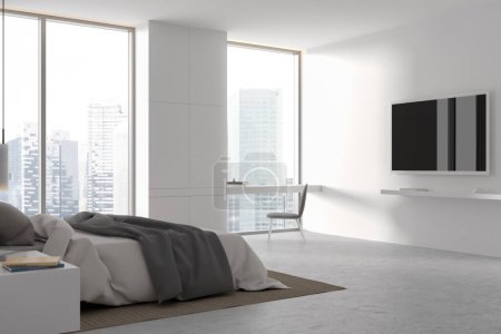 Photo for Elegant white home bedroom interior with bed and tv screen on the wall, side view table with chair near panoramic window on skyscrapers. Chill space in modern apartment. 3D rendering - Royalty Free Image