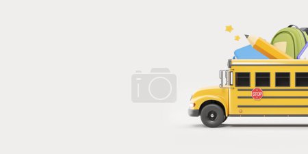 Téléchargez les photos : Vue du bus scolaire jaune vif avec de grandes fournitures scolaires à l'intérieur sur fond gris avec espace de copie. Concept d'éducation et de connaissance. Primaire, collège et lycée. Rendu 3d - en image libre de droit