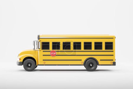 Foto de Autobús escolar clásico amarillo con señal de stop rojo, vista lateral. Autobús largo sobre fondo blanco vacío. Concepto de educación y seguridad vial infantil. Ilustración de representación 3D - Imagen libre de derechos