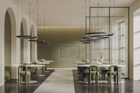 Foto de Interior de cafetería beige con sillas verdes y mesa de piedra en fila, suelo de hormigón. Restaurante minimalista que come espacio con tabique de vidrio y pared de arco. Renderizado 3D - Imagen libre de derechos