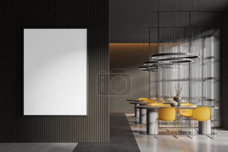 Photo for Interior of stylish restaurant with gray walls, stone floor, long oval tables with yellow chairs, glass partitions and vertical mock up poster frame. 3d rendering - Royalty Free Image
