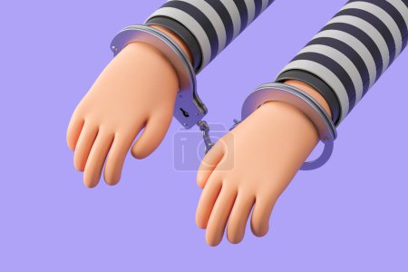 Photo for Cartoon character hands locked in metal handcuffs, black and white prisoner costume, side view on purple background. Concept of arrest and crime. 3D rendering illustration - Royalty Free Image
