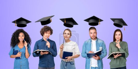 Photo for Five pensive business students working together, dreaming and thoughtful portraits in row with graduation cap flying. Concept of future career, education and degree - Royalty Free Image