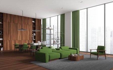 Téléchargez les photos : Salon intérieur vert et en bois avec canapé et table à manger, étagère vue latérale avec décoration et chaises vertes près de la fenêtre panoramique sur les gratte-ciel. rendu 3D - en image libre de droit
