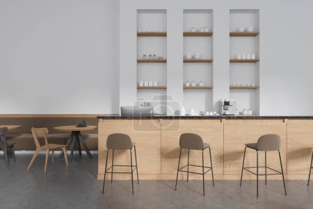 Photo for Interior of modern coffee shop with white walls, concrete floor, bar counter with stools and shelves above it, cozy brown sofa and round table with wooden chairs. 3d rendering - Royalty Free Image