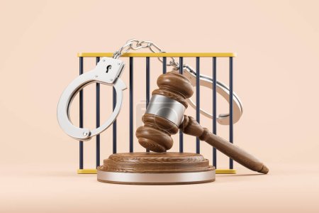Photo for View of closed handcuffs hanging on jail bars with judge gavel over beige background. Concept of arrest and law enforcement. Punishment for crime. 3d rendering - Royalty Free Image