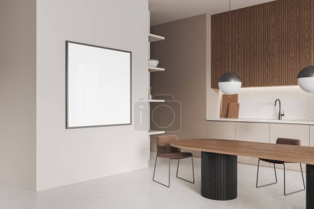 Photo for Corner of modern kitchen with beige walls, concrete floor, wooden cupboards, beige cabinets with sink, long dining table with chairs and square mock up poster. 3d rendering - Royalty Free Image