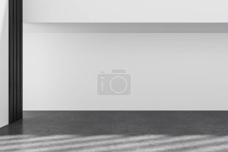 Téléchargez les photos : Intérieur de la salle d'affaires blanche sans meubles et sans personnes, sol en béton gris. loft moderne, couloir minimaliste ou lieu de travail. Maquette de mur d'espace de copie. rendu 3D - en image libre de droit