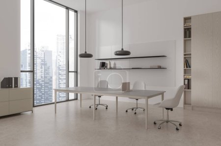 Photo for White open space business interior with long table and three chairs, side view panoramic window on skyscrapers. Modern library work corner with laptop, drawer and shelf. 3D rendering - Royalty Free Image