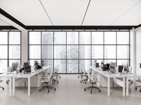 Photo for White coworking interior with office chairs in row and pc computer on desk, light concrete floor. Modern workspace design with panoramic window on Singapore skyscrapers. 3D rendering - Royalty Free Image