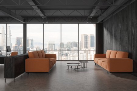 Foto de Interior oscuro de negocios con sofá naranja y mesa de centro, suelo de hormigón gris. Espacio para reuniones o relax en la sala de oficina con ventana panorámica en Kuala Lumpur. Renderizado 3D - Imagen libre de derechos