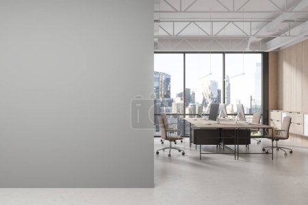Photo for White business interior with armchairs and pc computer on desk in row, panoramic window on New York skyscrapers. Modern office workplace and mock up empty copy space wall. 3D rendering - Royalty Free Image