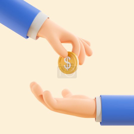 Photo for Cartoon character man hands with a gold dollar coin, beige background. Concept of business partner, deal, agreement and sponsorship. 3D rendering illustration - Royalty Free Image