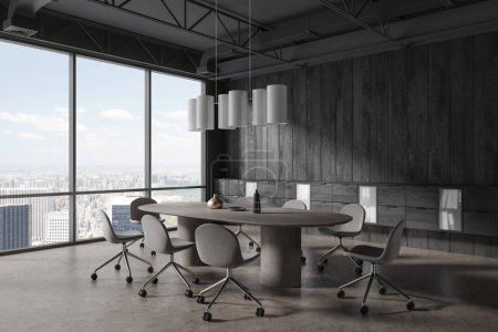 Foto de Vista de esquina del interior de la oficina con mesa de reuniones y estante de madera negra, piso de hormigón gris. Zona de conferencias con ventana panorámica sobre rascacielos de Nueva York. Renderizado 3D - Imagen libre de derechos