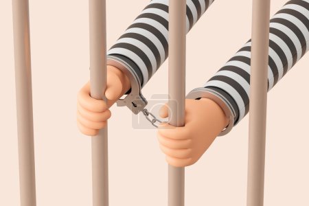 Photo for Cartoon character hands in metal handcuffs holding prison bars, black and white costume. Side view on beige background. Concept of arrest of a person. 3D rendering illustration - Royalty Free Image