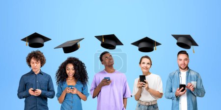 Photo for Five young people with smartphone in hand, portraits in row with flying graduation hat. Using digital devices for studying and communication. Concept of online education and diploma - Royalty Free Image