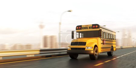 Téléchargez les photos : Autocar scolaire jaune classique avec panneau rouge, vue latérale se déplaçant sur la route avec des gratte-ciel flous Kuala Lumpur. Concept d'éducation et début de l'année scolaire. Illustration de rendu 3D - en image libre de droit