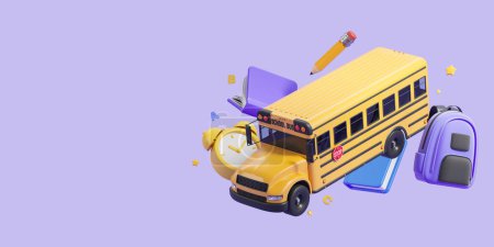 Téléchargez les photos : Vue du bus scolaire jaune, gros livres, crayon, réveil et sac à dos sur fond violet avec espace de copie. Concept d'éducation et de connaissance. Primaire, collège et lycée. Rendu 3d - en image libre de droit