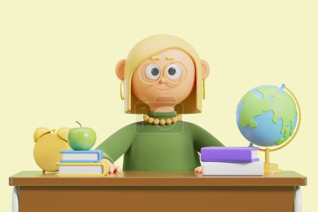 Foto de Vista de una maestra de escuela de dibujos animados con cabello rubio sentada en el escritorio con libros, manzana, globo y gran despertador sobre fondo amarillo. De vuelta al concepto escolar. renderizado 3d - Imagen libre de derechos
