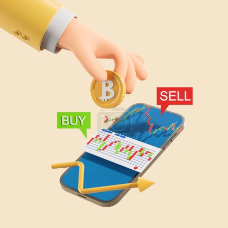 Photo for Cartoon man hand holding a bitcoin, smartphone display with buy and sell, growing arrow on beige background. Concept of financial analysis, cryptocurrency, trading. 3D rendering illustration - Royalty Free Image