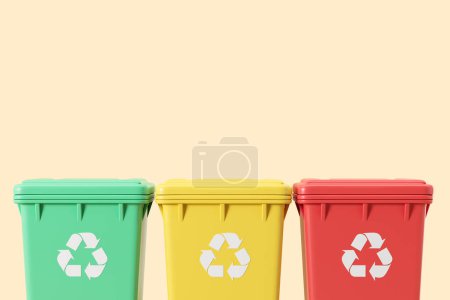 Photo for Three colorful recycling bins on empty beige background. Green, yellow and red plastic cans for different types of garbage. Concept of separate waste collection. 3D rendering illustration - Royalty Free Image