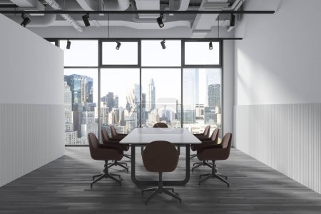 Photo for Interior of modern office meeting room with white walls, concrete floor, long conference table with beige chairs and panoramic window with cityscape. 3d rendering - Royalty Free Image