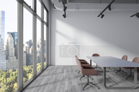 Photo for Cozy office conference room interior with brown armchairs and board, grey hardwood floor. Minimalist meeting space and panoramic window on New York. Mock up copy space wall. 3D rendering - Royalty Free Image