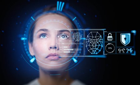Mujer hermosa mirar hacia arriba y el ojo con la exploración de datos biométricos y análisis en la pantalla virtual. Reconocimiento facial e inteligencia artificial. Concepto de identificación