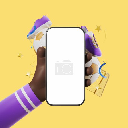 Photo for Black cartoon hand holding a smartphone with mockup screen, football accessories and goal floating on yellow background. Concept of online streaming and application. 3D rendering - Royalty Free Image