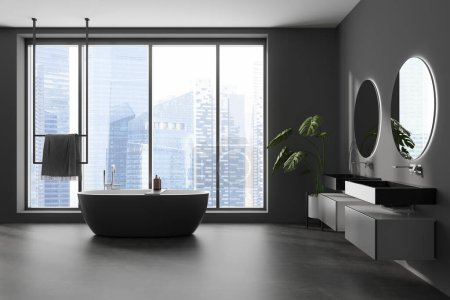Téléchargez les photos : Vue latérale sur l'intérieur sombre de la salle de bain avec baignoire, double lavabo, deux miroirs ronds, murs gris, sol en béton, serviette, plante d'intérieur, fenêtre panoramique avec gratte-ciel de Singapour. Rendu 3d - en image libre de droit