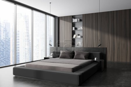 Foto de Moderno dormitorio interior con cama y estante con libros y decoración, vista lateral suelo de hormigón gris. Ventana panorámica sobre rascacielos. Renderizado 3D - Imagen libre de derechos